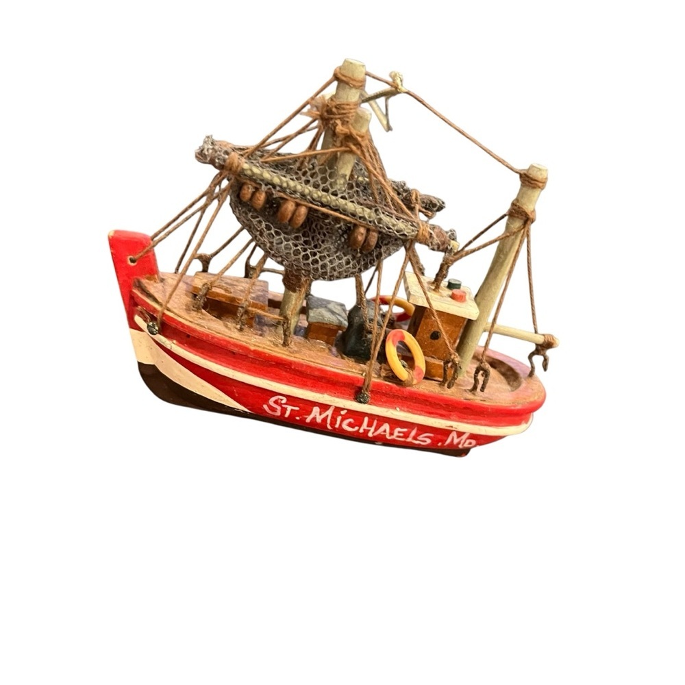 St. Michaels, Mo. wooden fishing boat miniature 4” ornament